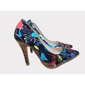 Graffiti Print Black Multicolor Stiletto High Heels Womens Size 8 Shoes Rock